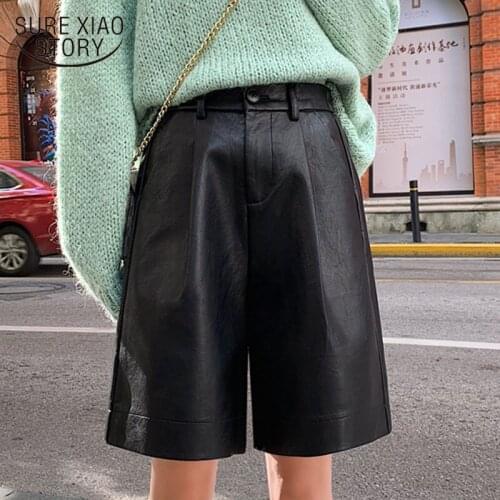 Korean Style PU Leather Shorts Women Autumn Winter Elastic Waist Loose Leather Trouser Plus Size ShortsFashion Clothing 8207