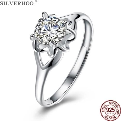 SILVERHOO 925 Sterling Silver Ring 5A Cubic Zirconia Flower Design Adjustable Geometric Women Rings Party Fine Jewelry Gift New