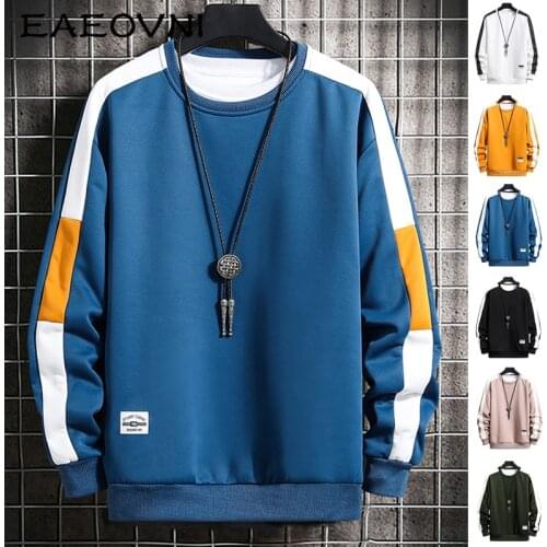 EAEOVNI Long Sleeve Harajuku Sweatshirts Men 2021 New Fashion Hoodie Mens Casual O-Neck Patchwork Sweatshirt Young Men Clothing