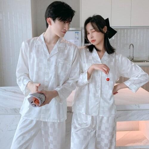 Lovers Plaid Stain Pajama Sets Silk-like Long Sleeve Top and Pants Elegant Loungewear Women and Men Nightwear Unisex Homewear