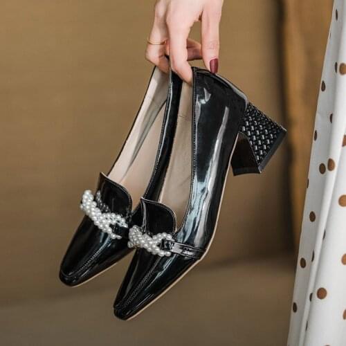 Rimocy British Style Pearl Chunky Heels Women Shoes Spring Autumn Black PU Leather Pumps Woman Solid Color Party Dress Shoes