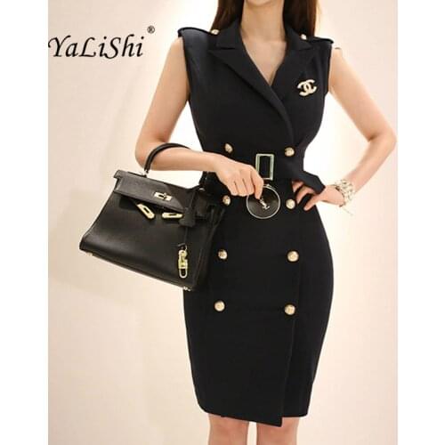 Solid Plus Size Double Breasted Pencil Dress Summer Women Black Sleeveless Tank Notched Dress Vintage Office Elegant Dresses