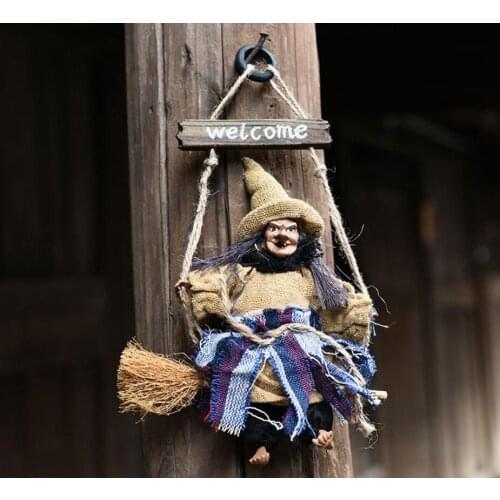 Factory Price Handmade Halloween Broom Witch door wreath Hangings Happy Halloween welcome door witch hanging cosplay party decor