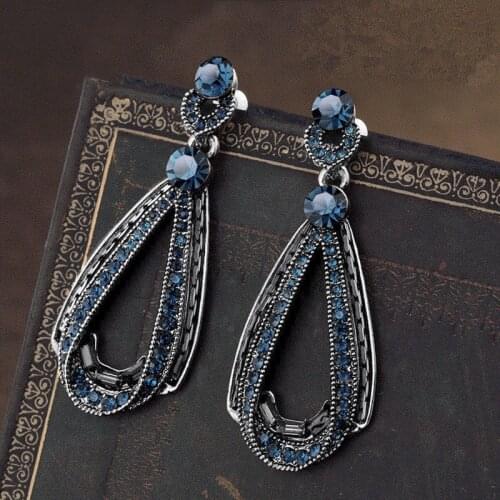 Vintage Blue Rhinestones Zircon Pendant Earrings for Women Wedding Jewelry Accessories Fashion Women Geometric Earrings