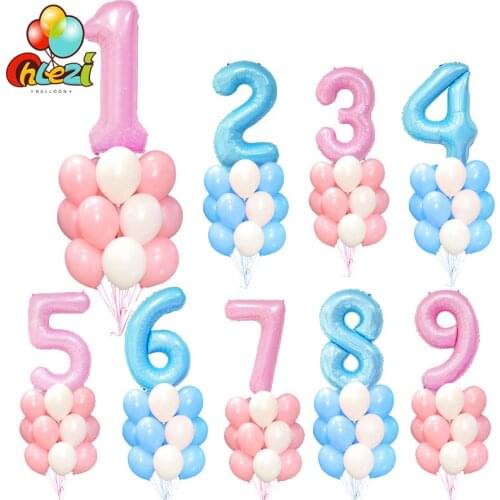 11pcs latex helium balloons baby shower decorations pink blue 1,2,3 number foil globos party decor for adult party supplies