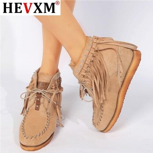 2020 Ankle Boots Women Shoes Ladies Round Toe Booties Roman Flat Bottom With Lace-Up Fringed Female Booties Winter Boots Woman