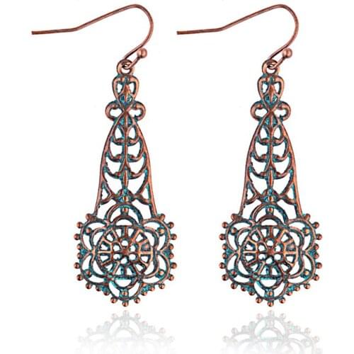 DOUVEI Womens Hollow Out Geometric Drop Earrings 2018 Vintage Antique Flowers Bronze Ladies Earrings Orecchini Etnici HEA072