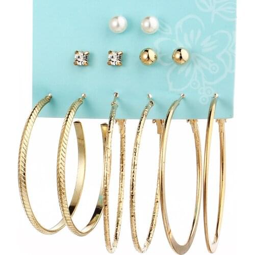 New Punk 6 Pairs/lot Brincos Circle Mixed Dangle Earrings For Women Crystal Drop Earring Fashion Simulated Pearl Jewelry
