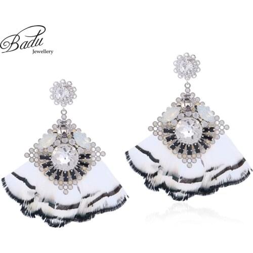 Badu White Feather Earrings for Women Vintage Bohemian Style Autumn Winter Dangle Earring Large Statement Jewelry Wholesale