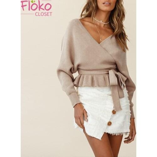 Flokocloset Sexy Backless V-Neck Long Sleeve Knitted Sweaters Women Casual Solid Lace-up Bow Jumpers Women Pullovers