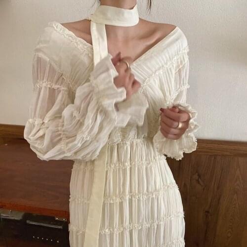 Women Dress V-Neck Flare Sleeve Elegant Ruffles Loose Heavy Pleated Long Dress Maxi Feminino Vestido Casual Ladies Dress Black