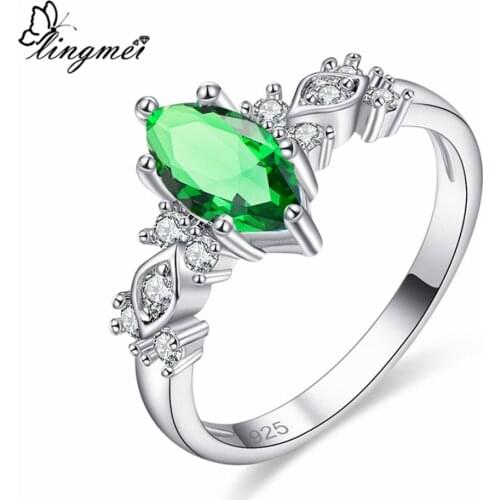 Lingmei Engagement Marquise Green White Pink Red Blue Cubic Zircon Silver Color Ring Size 6-9 Women Christmas Best Gifts