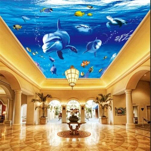 Customized 3d Mural Underwater World Dolphin Fish Zenith Ceiling Mural Living Room Bedroom Hotel Decoration papel de parede обои