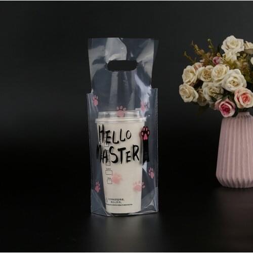 50pcs Coffee Tote Bag Cat Paw Transparent Packaging Pocket Single and Double Cup Plastic Bags Juice Tea Drink Pouch