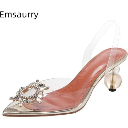 Fairy Clear Crystal Ball Beading Heel Sandals Women Transparent PVC Pointed Toe Rhinestone Sunflower Buckle Summer Shoes Woman