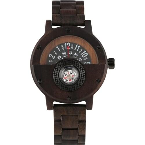 Mens Full Wood Watch Handmade Sandalwood Band Male Watches Creative Compass Analog Clock Quartz Wristwatch Gift for Husband Dad