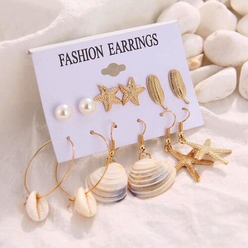 FNIO Elegant Gold Beach Shell Starfish Love Heart Pearl Dangle Earrings for Women Ethnic Jewelry Boho Drop Earring Set