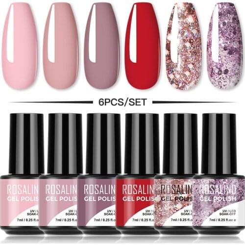 ROSALIND 6PCS Gel Nail Polish Kit Glitter&Pure Color Gel Lacquer All For Manicure Long Lasting Polish 7ml Gel Set Semi Permanent