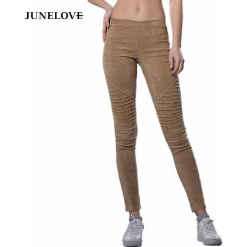 JuneLove Autumn Winter Faux Suede Leggings Vintage Fold High Waist Retro Elastic Stretchy Slim Female Pencil Pants Plus Size