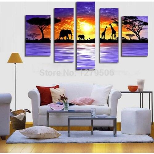 Handmade Oil Painting Canvas Painting Wall Art Home Decor Living Room As Unique Gift 5 Pieces/set Africa Animal Picture Decor