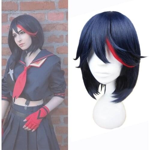 Matoi Ryuko Cosplay Wig Anime KILL la KILL Props Short Blue With Red Wig + Free Wig Cap Halloween Halloween Carnival Props