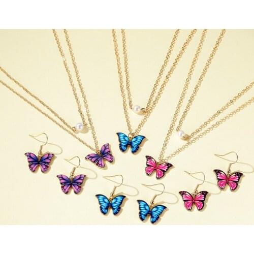 Trendy boho simulated pearl necklace enamel butterfly pendant choker necklace and dangle earring wedding jewelry set for women