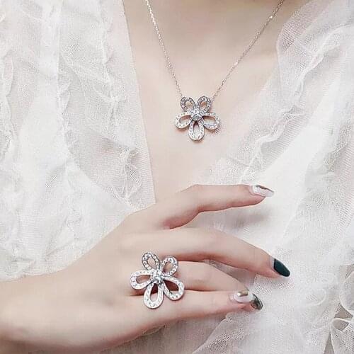 Hot Brand Pure 925 Sterling Silver Hollow Flower Ring Necklace Set, Clover Luxury Jewelry, Engagement Ring Wedding Jewelry Ring