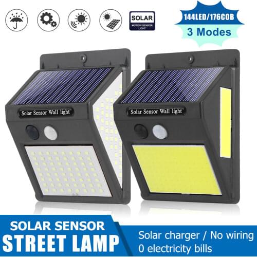 144LED / 176COB Outdoor Solar Wall Light Waterproof Sunlight Powered Garden Yard Street Night Light PIR Motion Sensor