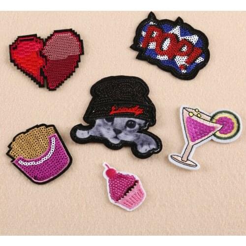 50pcs/lot Sequins Embroidery Patches Letters Ice Cream Fries Cat Clothing Decoration Accessories Diy Iron Heat Transfer Applique