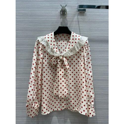 New ladies fashion 2021 long-sleeved sexy casual red wave dot sailor neck silk shirt 0118