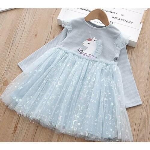 2021 New Spring Unicorn Girls Dress Casual Star Mesh Dresses For Girls Birthday Gift Costume Princess toddler Children Clothing