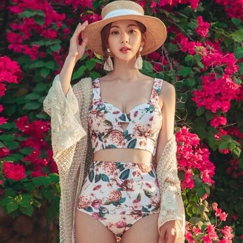 2021 New Swimsuit Women Net Red Floral Small Fresh Steel Support Gathered To Show Thin Bikini Two-piece Swimwear XL
