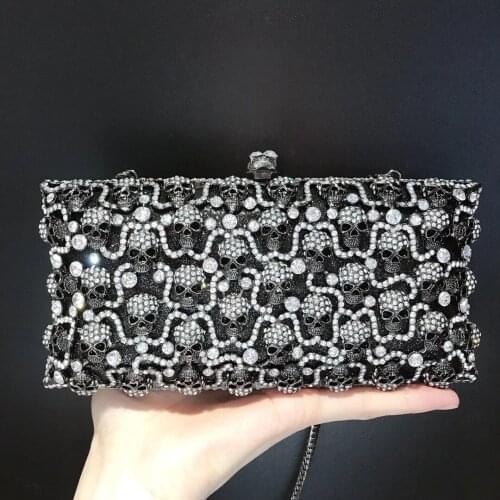 New Arrival Skull Shape White Rhinestone Black Purse High Quality Women’s Diamond Phone Clutch Mini Lady Crystal Party PromBag