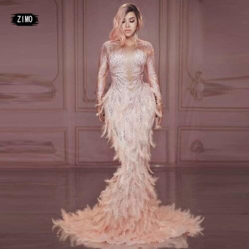 Designer New Fashion Shiny Rhinestone Pink White Feather Dress Women Sexy Long Tail Party Dress Prom Costume Birthday Maxi Dress