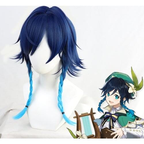 Game Genshin Impact Venti Cosplay Wigs Gradient Blue Short Cosplay Wig Braided Wigs Heat Resistant Synthetic Hair + Wig Cap