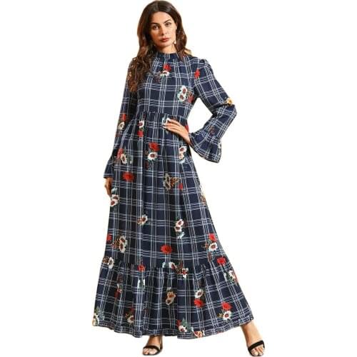 Dresses Vestido for Dubai Girls Mc9409# Blue Plaid Printed Trumpet Long Sleeve Fashion Large Womens Pleated Bohemian Dress
