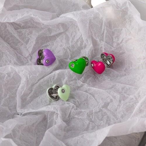 VSnow Summer Trendy Multicolor Enamel Love Heart Clip Earring for Women 4 Designs Rhinestone Silver Color Metal Earring Jewelry