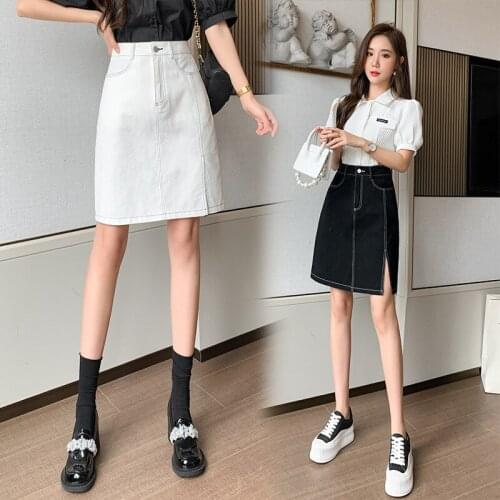 2021 Fashion Split Jeans Skirts Summer Black White A-line Half Denim Skirt Young Women Pencil Skirt Solid Color BSQ292