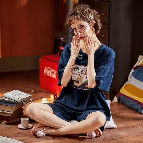 Korean Cute Girls Pajamas Blue Cartoon Print Women Pajamas Set Round Neck Pullover Short Sleeve Big Size Casual Summer Sleepwear