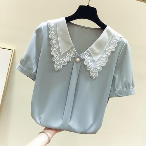 Lace Collar Chiffon Blue Women Shirts Summer New 2021 Sweet Style Elegant Office Lady Beaded Slim Outwear Coats Tops