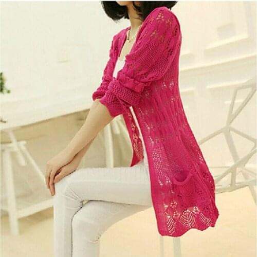 Women Open Knitted Cardigan Hollow Out Crochet Loose Sweater Jacket V Neck New