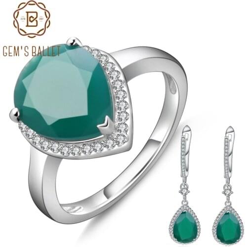 GEMS BALLET Solid 925 Sterling Silver Gemstone Earrings Ring Set Natural Green Agate Jewelry Set For Women Vintage Fine Jewelry