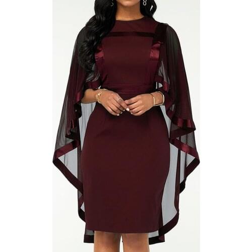 Fashion Women Dress Cape Slim Fit Round Collar Mesh Stitching Cocktail Party Banquet Bodycon Lady Dresses Summer 2021