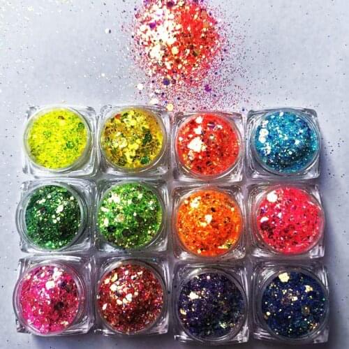 12 Colors 12Pots Nail Art Glitter Chunky Sequins Iridescent Mermaid Flakes Ultra-thin Unicorn Glitter Hexagon Sequins (8Styles)