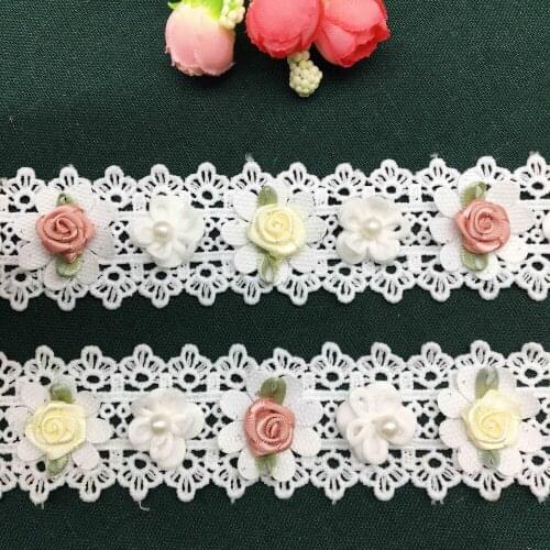 2 yd White Pearl Beaded Rose Flower Floral Lace Trim Ribbon Fabric Embroidered Applique Sewing Craft Wedding Dress Clothes