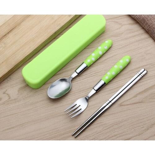 200sets/lot 3pcs/set Dot style Plastic + Stainless Steel Fork spoon chopsticks For Travel Picnic Portable Cutlery Tableware