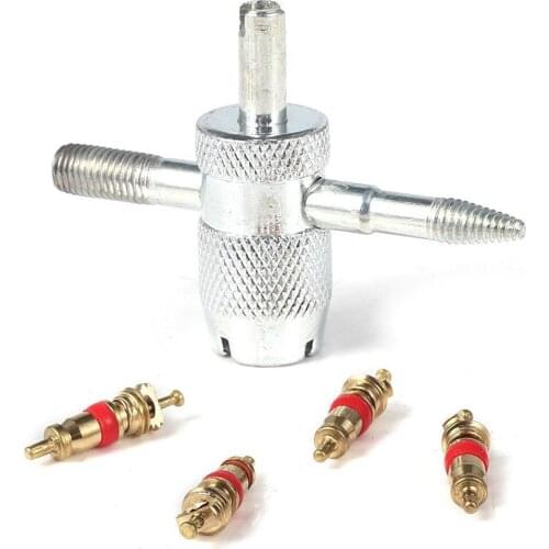 2021 New Car Bike 4 Way Tyre Valve Repair Standard Tire Remover Tool + 4 Stem Cores Kit