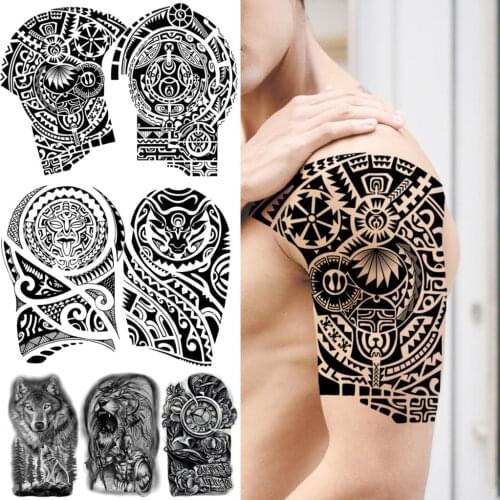 Black Maori Armband Temporary Tattoos Men Adults Realistic Bull Wolf Lion Knight Compass Fake Tattoo Sticker Arm Body Tatoos