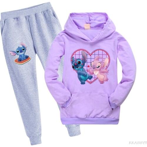 Disyen Stitch Childrens Clothing Childrens cartoon Pocket Hoodie Leggings Boys and girls sweatshirt sets