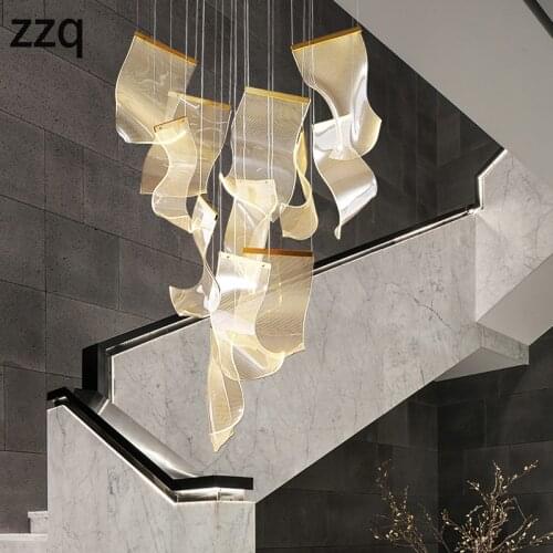 Duplex Building Villa LED Large Chandelier Staircase Paper Wave Shape Modern Ceiling Chandelier Nordic Creative Living RoomGloss